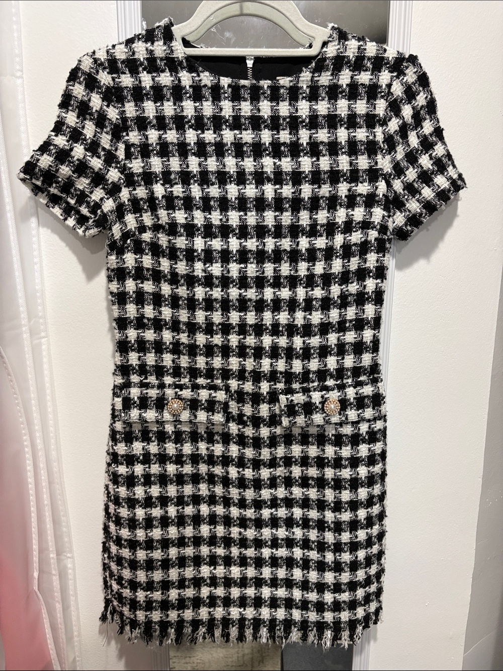 BeBop Black and White Houndstooth Tweed Short Sleeve Dress